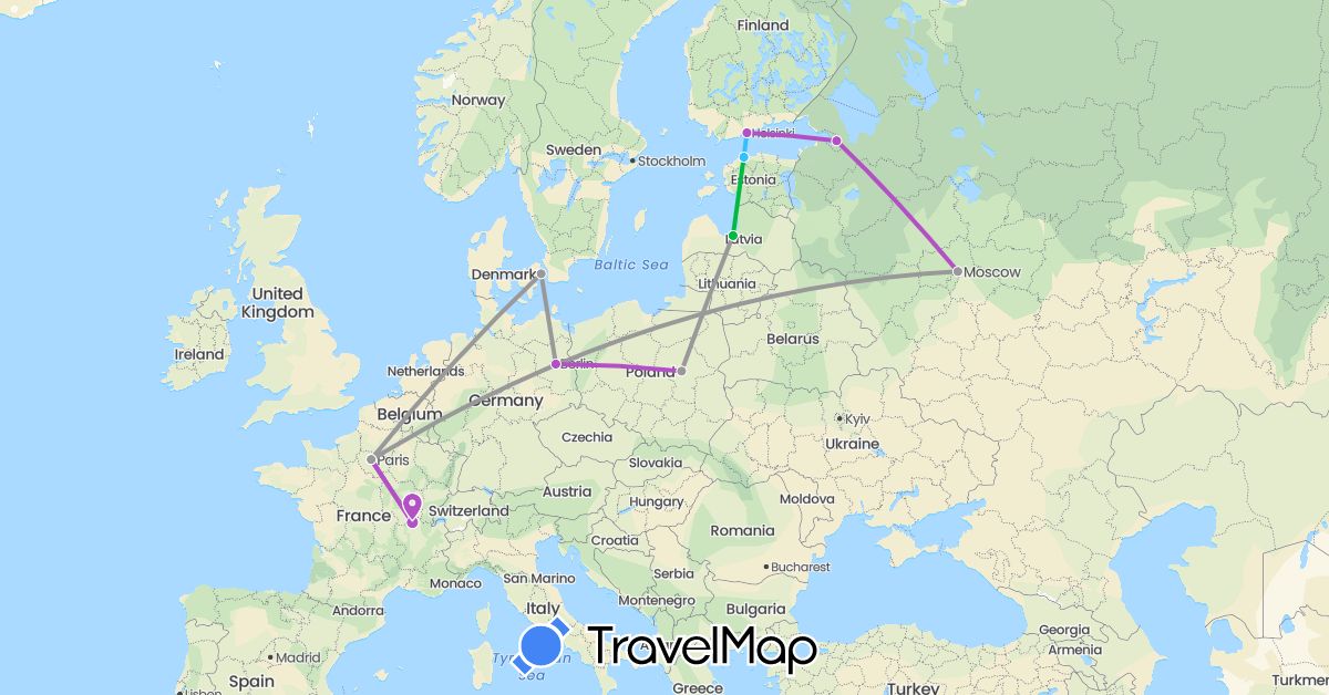 TravelMap itinerary: bus, plane, train, boat in Germany, Denmark, Estonia, Finland, France, Latvia, Poland, Russia (Europe)